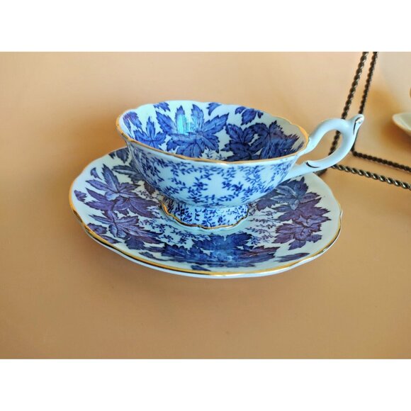 Coalport Hand Painted Tea Cup & Saucer Set Cobalt Blue Maple Leaf 1930's - Picture 8 of 15